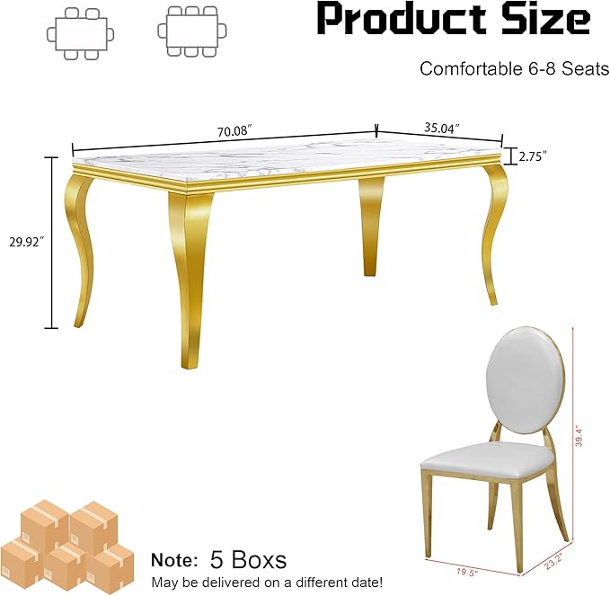 7-Piece Dining Table Set for 6, Faux Marble Modern Dining Table Set with 6 Oval Backrest Upholstered Chairs, 70“ Stainless Steel Legs Table & Chair Set for Kitchen, White & Gold