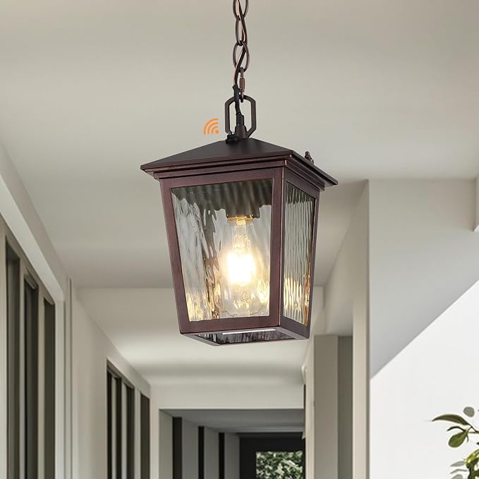 Outdoor Pendant Light, Brown Outdoor Porch Light fixtures with Dusk to Dawn Sensor, Coffee Exterior Hanging Lantern Height Adjustable Outside Chandelier with Water Glass for House Patio Garage