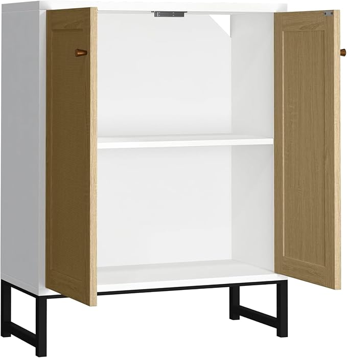 Panana Rattan Decorated 2 Doors Storage Cabinet Accent Cabinet Living Room Cupboard Kitchen Sideboard Buffet Table (White)