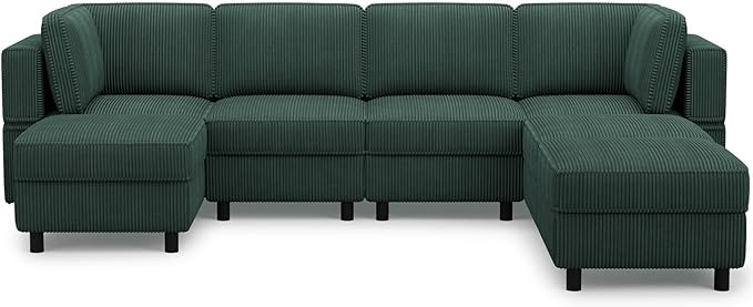 114.2" Modular Sectional Sofa with Deep Storage Seat,Corduroy 7 Seat U Shaped Sofa Couch,Modular Sofa Couch with Movable Ottoman Chaise,Upholstered Sectional Couches for Living Room,Green