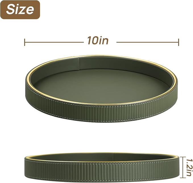 Round Decorative Tray for Coffee Table Decor, PU Leather Coffee Table Tray Golden Trim for Home Decor Living Room Dining Table, Perfume Trays Nightstand Organizer (Green)