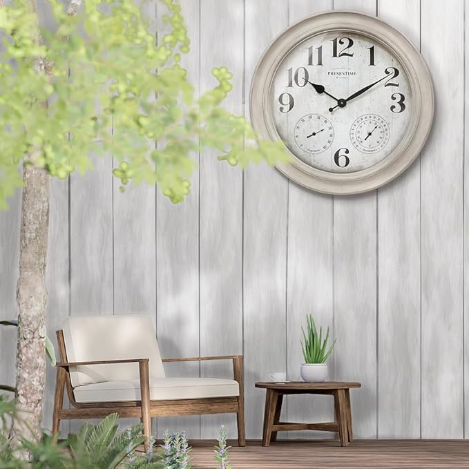 Presentime & Co. 26" Clifton in/Outdoor Farmhouse Clock with Thermometer & Hygrometer as All in One Weather Station, Farmhouse Wall Art and Timepiece for Home Decoration, Weathered White Finish