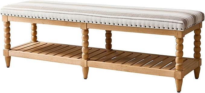 HULALA HOME Farmhouse Entryway Bench, 58" Fabric Bed Bench with Shelf, Solid Spindle Legs, Nailhead Trim Detail for Bedroom, Living Room, Hallway, TAN