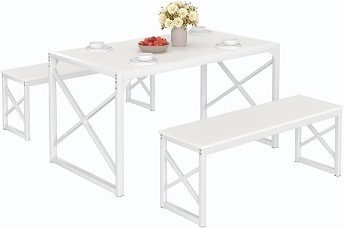 VECELO Kitchen Dining Table Benches Set for 4, 55" Wooden Dinette with 2 Benches, Heavy-Duty Dining Room Table for Small Space, Breakfast Nook, White