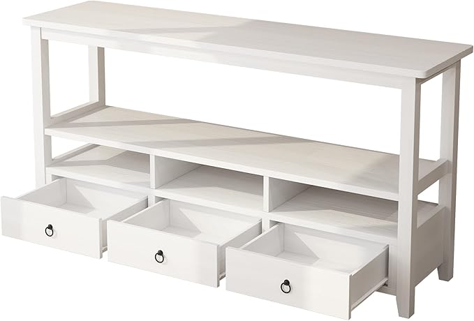 Karl home Console Table with 3 Bottom Drawers, 57.9" W Sofa Side Table Entryway Desk with 3 Storage Cubbies 1 Open Shelf, Vintage TV Stand for Hallway Living Room Office, White 29.9" H