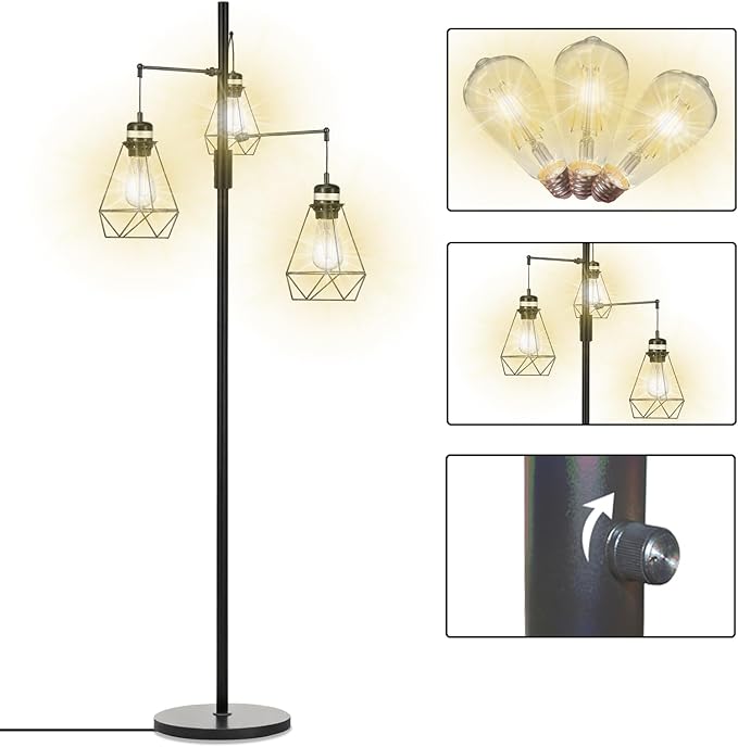 NUNET Boho Industrial Farmhouse Floor Lamp with Stepless Dimming & 3 Adjustable Cage Shades - Vintage Rustic Tall Standing Light for Living Room/Office, Includes Edison Bulbs, Weighted Base