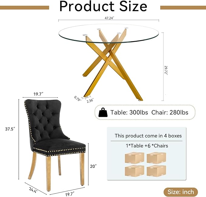 Goujxcy Round Dining Table Set for 6, Modern Glass Kitchen Table and Chairs Set of 6, 7-Piece Dining Room Table Set w/47 Circle Gold Glass Dining Table and 6 Upholstered Velvet Chairs