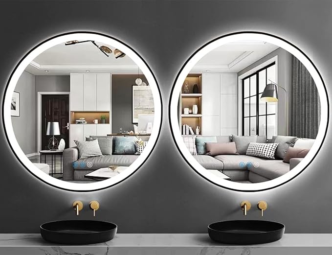 40 inch Round LED Bathroom Mirror, Black Frame, Wall Mount, Fogless, Adjustable, 3 Color Lights Smart Mirror with Anti-Fog