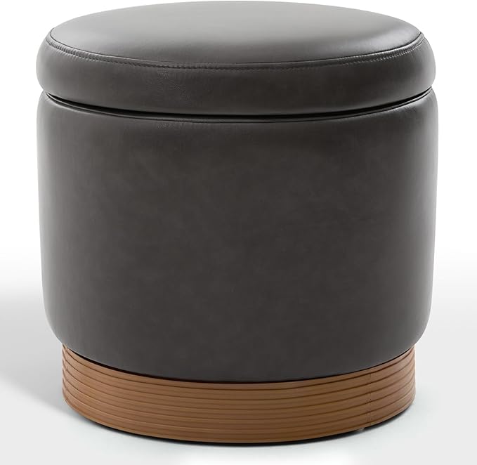 Round Ottoman with Storage,Swivel Vanity Stool-Leather Foot Rest,Upholstered Footstool Pouf with Sturdy Wooden Frame(500 Lb),Small Coffee Table & Hidden Storage Ottoman for Living Room
