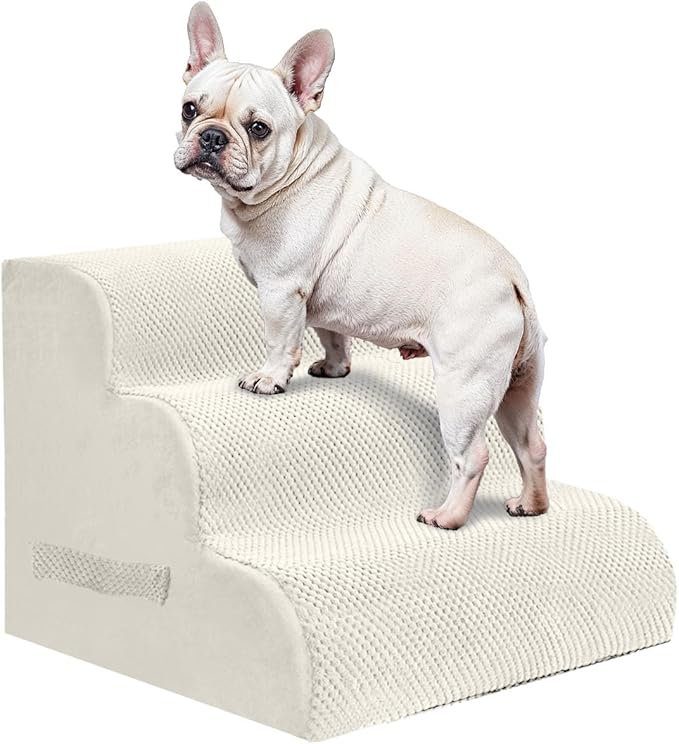 PAWSCART Dog Stairs for Small Pets, 17.7" H with 30D Material Soft Foam, Portable Ramp Non-Slip Surface Non-Slip for Couch and High Bed Climbing, 3-Step Stairs for Cat or Dog, Beige