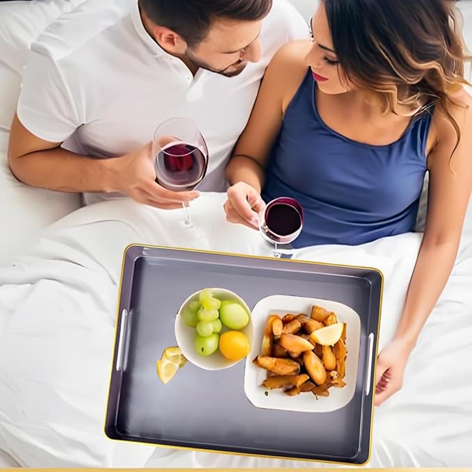 Large Grey Coffee Table Tray, Decorative Serving Tray with Handles, Plastic Rectangular Tray for Ottoman, Bathroom, Living Room. 16.7"*12"*1.6"