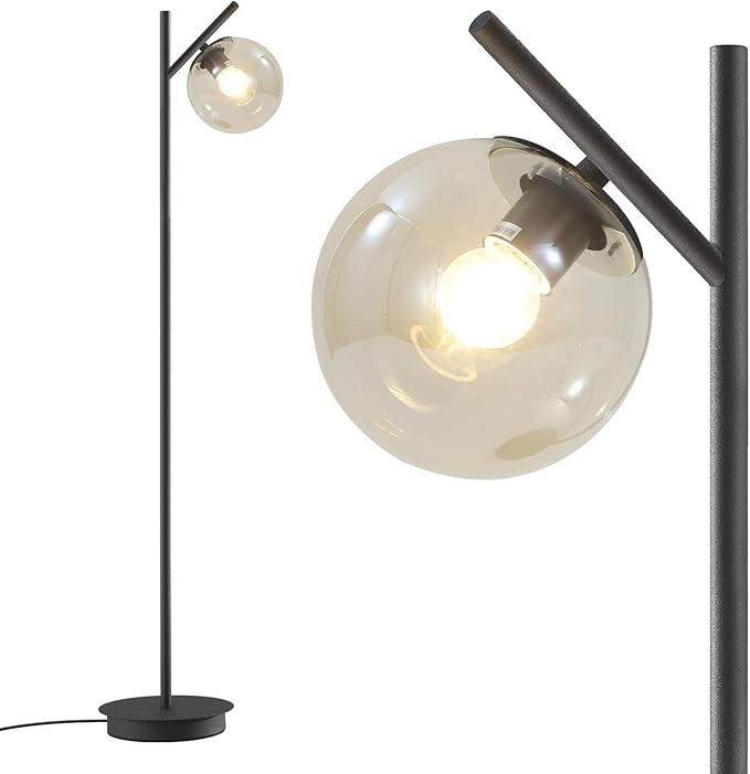 Vintage Floor Lamp for Living Room Mid Century Black Floor Freestanding Lamp Farmhouses Cognac Glass Globe Standing Tall Pole Lamp for Study Room Hotel Bedroom