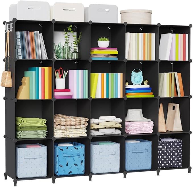 HOMIDEC 20 Black Cube Storage Organizer, Modular Storage Shelf with Hammer, Cubes Storage Bin Cabinet Closet Bookshelf for Living Room, Bedroom, Office, Each Cube Size 11.8 x 11.8 inch