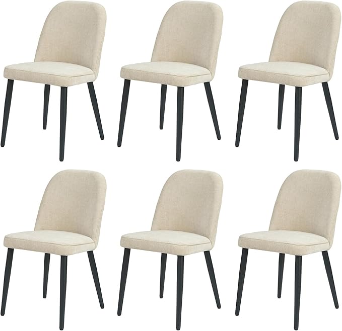 Upholstered Dining Chairs Set of 6, Mid Century Modern Fabric Dining Room Chair High-Back Padded Kitchen Chairs with Padded Seat and Metal Legs for Kitchen Dining Room Restaurant Cafe, Beige