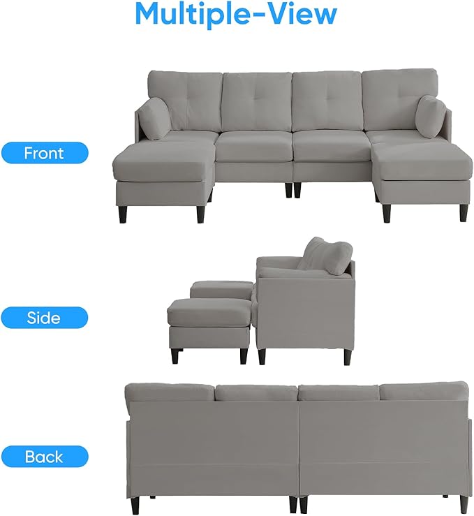 PUREMIND Sectional Home Sofa Living Room, Modern U-Shaped Sofa Couches with Double Chaise, Upholstered 4 Seater Sofa for Living Room, Apartment, Light Grey