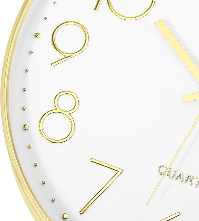Foxtop 14 Inch Large Silent Non-Ticking Gold Wall Clock Battery Operated Round Quartz Modern Wall Clock Decorative for Living Room Bedroom Kitchen Home Office