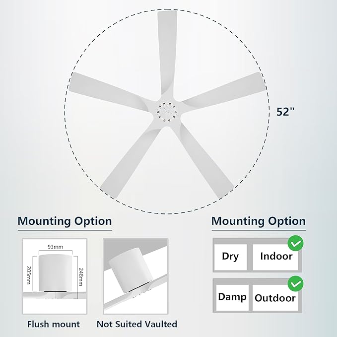 ELEHINSER 52 inch Low Profile Ceiling Fan without Light, 5 Solid Wood Blades,6-Speed,Quiet DC Motor, Timer,Flush Mount Modern Ceiling Fan No Light with Remote for Living Room Bedroom,White