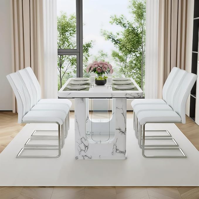 64.5" White Dining Table Set for 6, Modern Kitchen Table and Chairs Set with PU Leather Cushioned Chairs & Decorative Pedestal Base, 7 Piece Marble Pattern Dining Table Set for Dining Room or Kitchen
