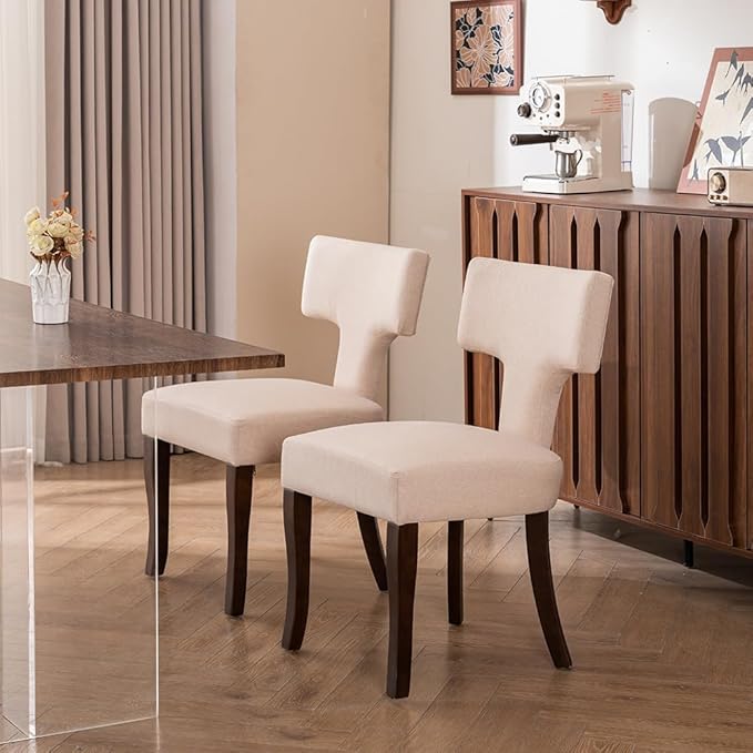 Mid Century Modern Dining Chairs Set of 2, Upholstered Side Dining Chairs with Curved Back Linen Fabric Armless Wood Chairs Kitchen & Dining Room Farmhouse Chairs (Ivory, Set of 2)