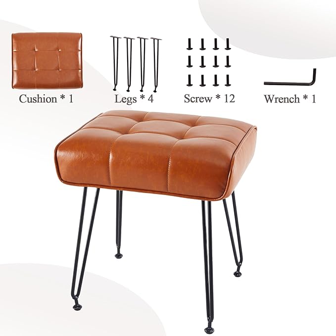 PU Leather Vanity Stools, Vanity Stool Chairs for Makeup Faux Leather Foot Stools Ottoman with Metal Leg Make up Chairs for Vanity Small Bench Seat for Living Room Bedroom (Whiskey Brown)