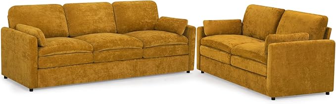 2 Pieces Chenille Sofa Set w/Throw Pillows, Upholstered Loveseat & 3 Seater Sofa w/Comfortable Back Cushions, Modern 2-Seat & 3-Seat w/High-Density Foam for Living Room, Apartment, Yellow