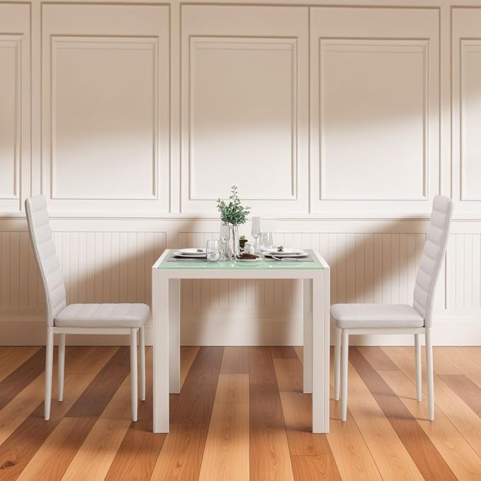 Gizoon 3 Piece Glass Dining Table Set, Kitchen and Chairs for 2, PU Leather Modern Room Sets for Home, Kitchen, Living Room