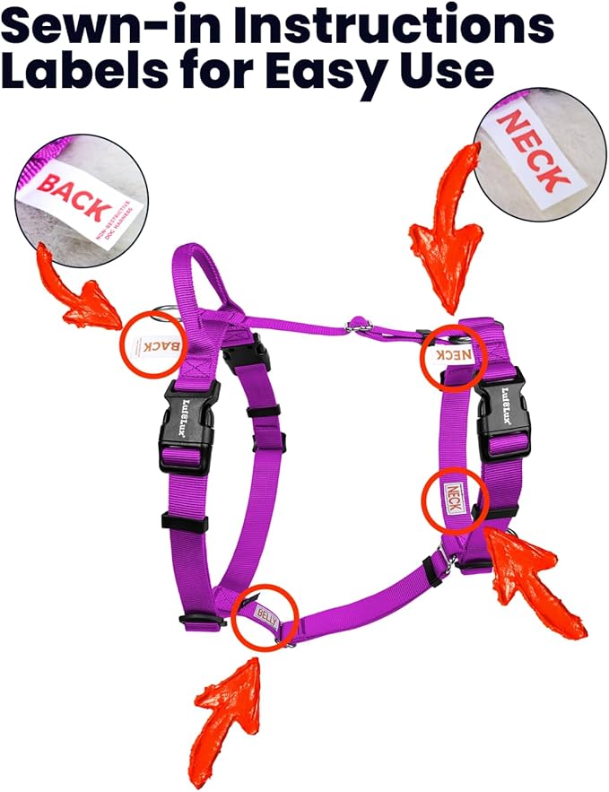Non Restrictive Dog Harness Medium Size, Easy Walk Freedom No Pull, Keep Balance, Lightweight, Neck Buckle, 2 Clips for Back/Front Clip, Sewn-in Instructions Labels for Easy Use, Purple