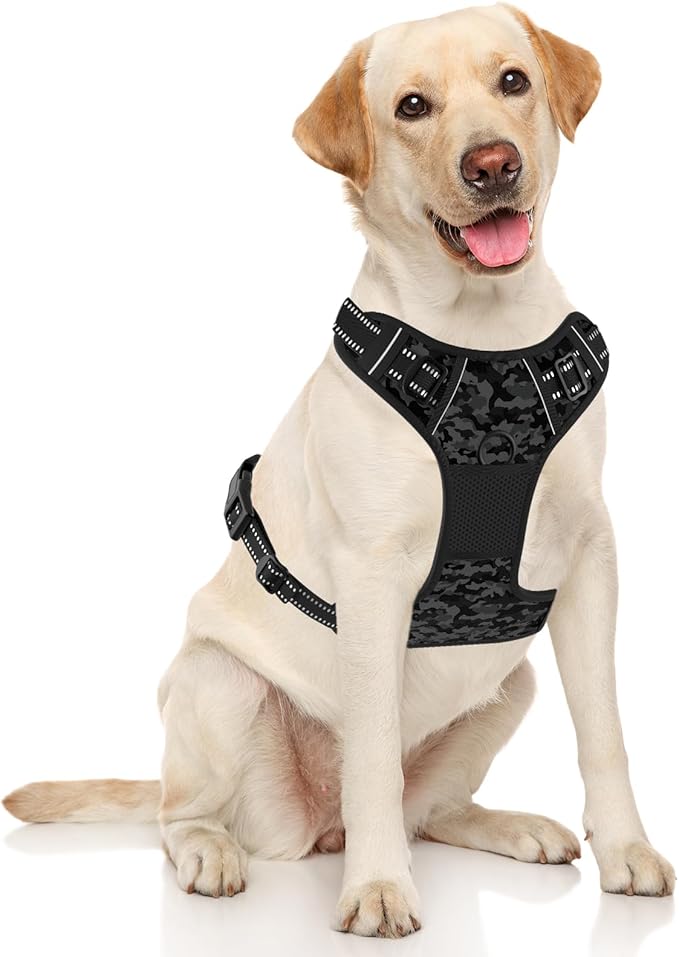 Rnivvi No Pull Dog Harness, Cute Reflective Large Sized Puppy Harness, Adjustable Soft Padded Vest for Large Dogs, Heavy Duty Pet Vest with Easy Control Handle for Walking Training, Black Camouflage