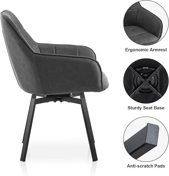 TUKAILAi Swivel Dining Chairs Set of 2, Faux Leather Upholstered Mid Century Accent Chairs with Metal Legs, Rotatable Kitchen Chair for Home Office Kitchen Restaurant (Grey)