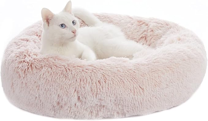 Bedfolks Calming Donut Dog Bed Cat Bed, 23 Inches Round Fluffy Dog Beds for Small Dogs, Machine Washable Anti-Anxiety Plush Puppy Bed(Pink, Small)