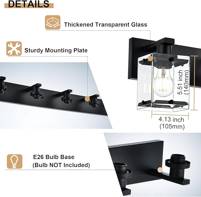 5-Light Modern Vanity Lighting, Black Bathroom Light Fixture Over Mirror with Rectangular Clear Glass,E26 Bulb Base