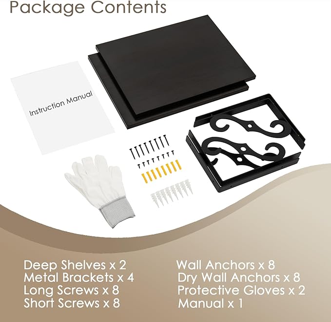 DINZI LVJ Deep Floating Shelves, 16" W x 12" D Wall Shelves Set of 2, Wide Display Shelf Wall Mounted with Brackets, Easy-to-Install Bookshelf for Living Room, Bathroom, Bedroom, Espresso