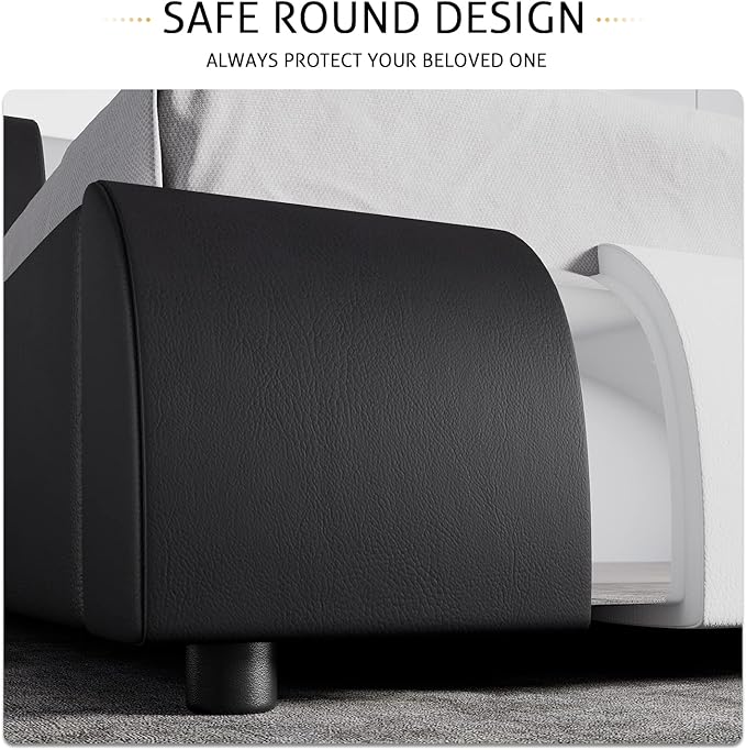 SHA CERLIN Modern Faux Leather King Bed Frame with Adjustable Headboard and Iron Accents, Deluxe Upholstered Platform Bed with Solid Wooden Slats Support - White + Black