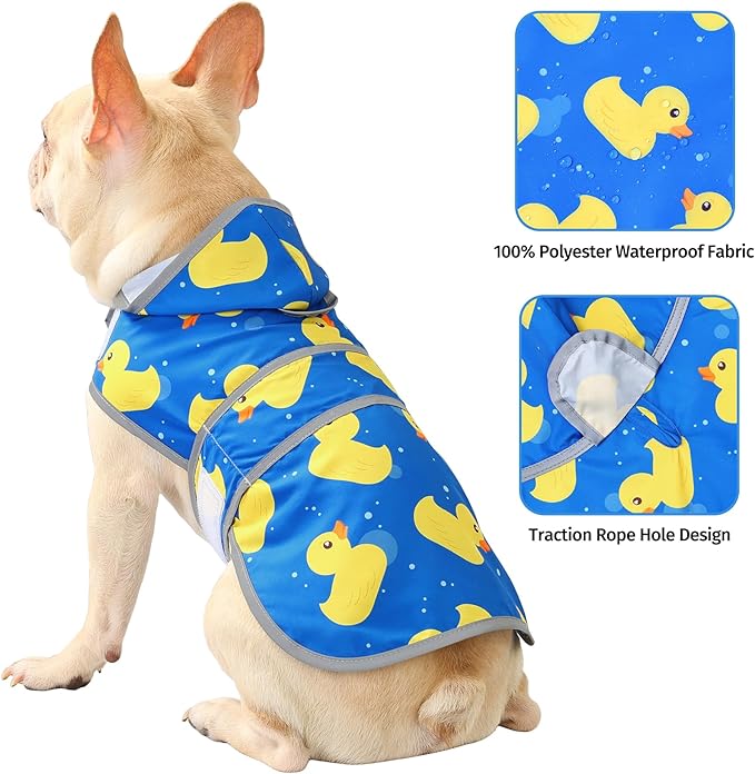 Dog Raincoat for Medium Dogs Waterproof Hooded Rain Jacket with Reflective Strips Leash Hole & Poncho Adjustable Fit (ShinyDuck,M)
