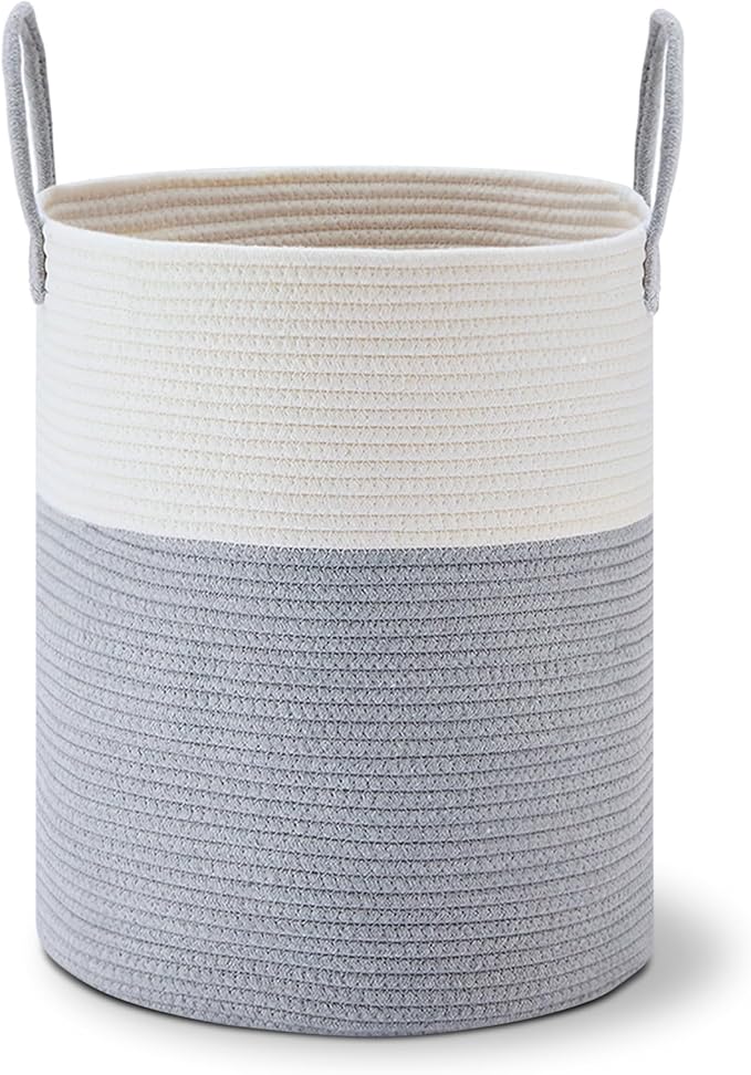 VIPOSCO Large Laundry Hamper, Tall Woven Rope Storage Basket for Blanket, Toys, Dirty Clothes in Living Room, Bathroom, Bedroom - 53L Grey & White
