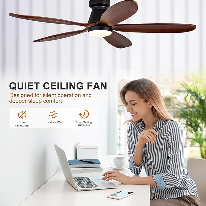 52 Inch Ceiling Fans with Lights and Remote, Low Profile Flush Mount Modern Wood Ceiling Fan with Light, 5 Blades, Dimmable, Wall Switch, Indoor Outdoor Black Ceiling Fan for Bedroom