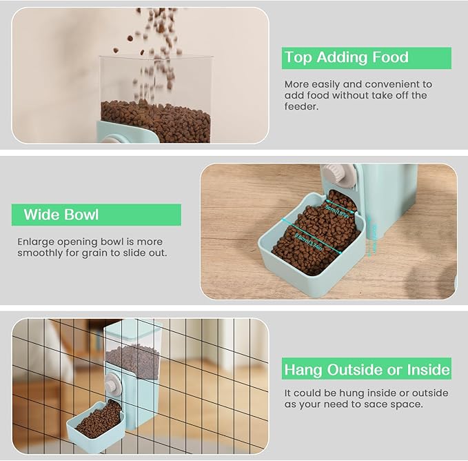 Hanging Automatic Pet Food Dispenser, Auto Gravity Rabbit Ferret Bunny Hedgehog Feeder Dispenser, Cat Dog Food Bowl for Cage Hanging (Light Blue)