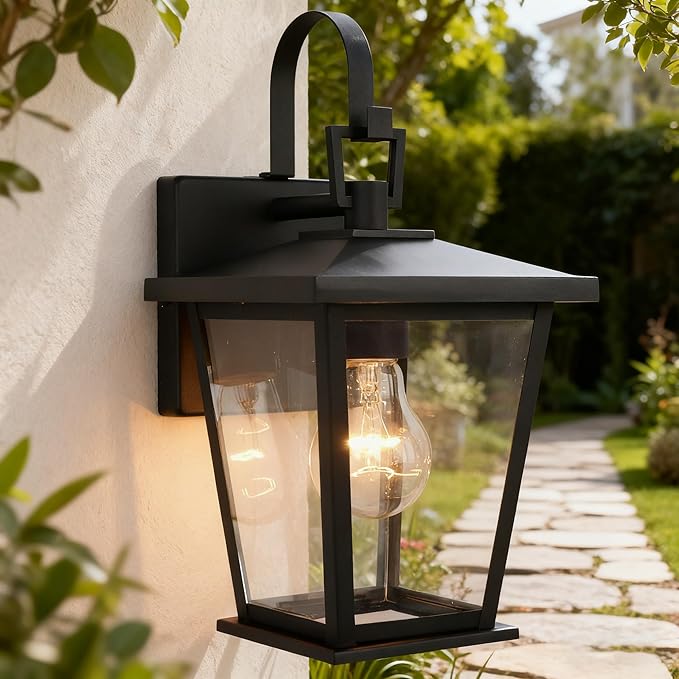 Kalium Outdoor Wall Lantern 2 Pack, Waterproof Exterior Wall Mount Light with Clear Glass in Black Finish, Porch Outside Lighting for Entryway, Backyard, Patio, E26 Base, Clear Glass 12.5 in