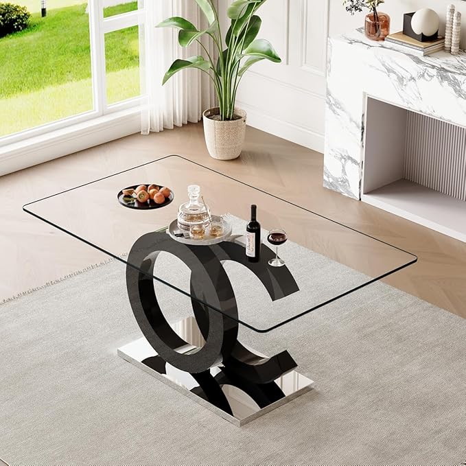 gopop 63'' Modern Glass Dining Table, Clear Glass Top with Black Unique Design Leg and Silver Metal Base, Seats 4-6, 63 x 35.4 x 30 inches