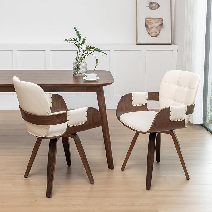 Set of 2 Swivel Dining Chairs - Mid Century Modern Dining Chairs with Arms and Curved Back, Faux Leather Bentwood, Versatile for Living Room/Reception/Conference Room/Kitchen/Desk (Walnut Beige)