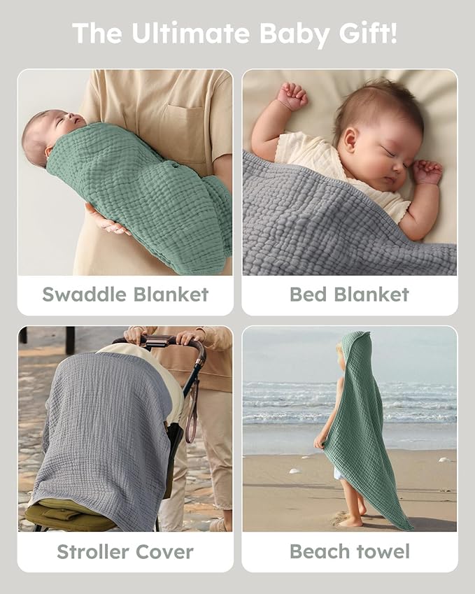 Yoofoss Hooded Baby Towels for Newborn 2 Pack 100% Muslin Organic Cotton Baby Bath Towel with Hood for Babies, Infant, Toddler and Kids,37.5"x37.5",Soft and Absorbent Newborn Essential,Grey&Dark Green