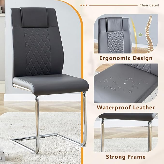 63'' Glass Dining Table Set for 6, Kitchen Table Chairs Set of 6, Clear Glass Dining Table with Black unique design Leg and Silver Metal Base, 6 PU Dining Chairs with Metal Legs, Living Room, Kitchen.