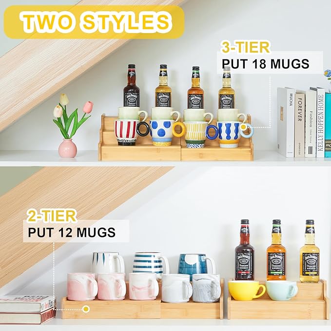 3-Tier Expandable Bamboo Mug Holder For Countertop Coffee Cup Holder Display Mug Organizer Mug Rack for Coffee Bar Organizer Mug Shelf for Cabinet for Kitchen, Home