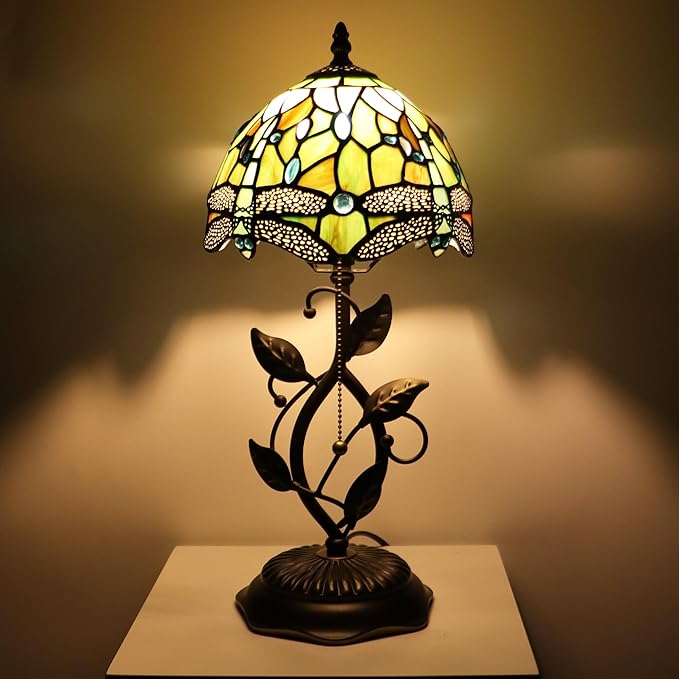 Small Tiffany Lamp Yellow White Dragonfly Style Stained Glass Table Lamps Desk Bedside Reading Light 8X8X18 Inches with Bronze Metal Leaf Resin Base