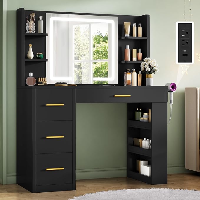 DWVO Makeup Vanity with LED Mirror, 40" Big Vanity Makeup Table with 4 Drawers and 7 Open Storage Shelves, Built-in Power Outlets & Hairdryer Holder, Black