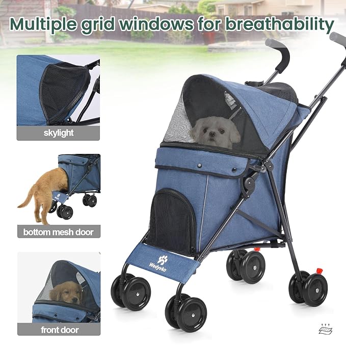 Umbrella Dog Stroller, Foldable Pet Stroller for Small Dogs Cats, 4 Wheels Pet Strolling Cart with Carrying Strap and Cup Holder, Breathable and Visible Mesh, Dog Poop Bags & Dispenser (Navy)