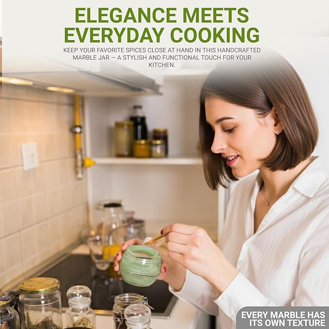 Natural Marble Candy Jar Handmade Cover Pot Storage - Deep Covered Kitchenware Jar Container, Onyx Green