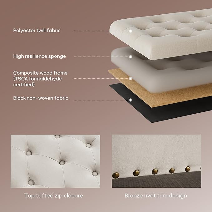 HUIMO 51-inch Storage Ottoman Bench with Removable Tray, Bedroom Bench with Button-Tufted, Safety Hinge Ottoman in Upholstered Fabrics, Large Long Bench for Living Room, Bedroom (Beige)