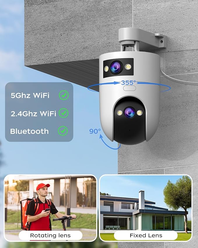 JOOAN Dual Lens Security Camera 2Kx2 5G 2.4G Dual WiFi 360°View,IP66 Waterproof Color Night 24/7 Recording,Auto Tracking Pet Cam Elder/Child Care Home Surveillance,Cloud/Card Storage
