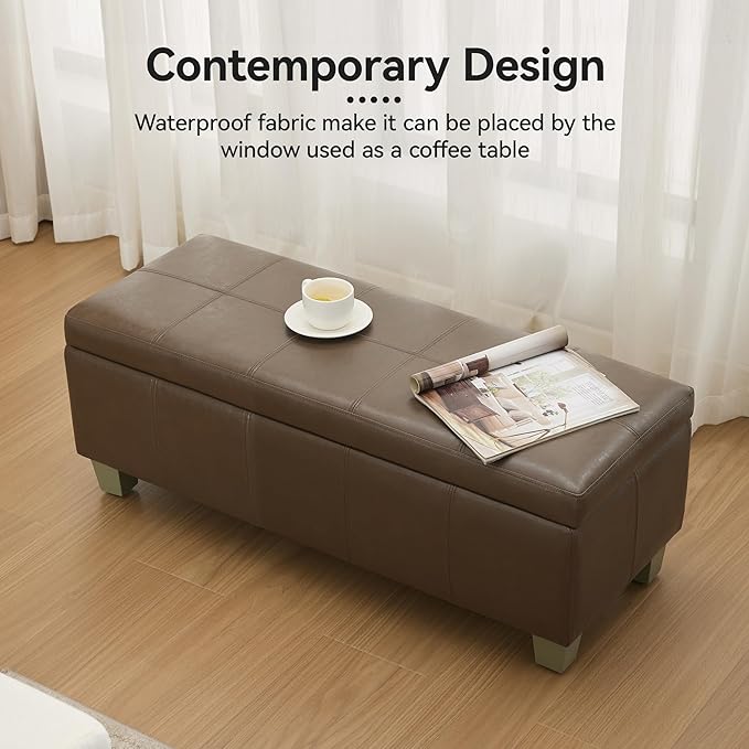 41" Faux Leather Storage Ottoman, Stitch Tufted Rectangle Upholstered End of Bed Storage Bench, Entryway Large Couch Ottoman with Wooden Legs, Coffee
